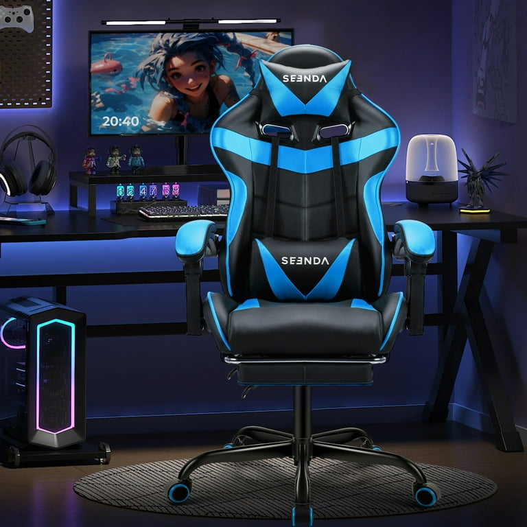 Gaming Chair Seenda Video Game Chair with Footrest and Lumbar Support Ergonomic Computer Chair Height Adjustable with Swivel Seat and Headrest Blue