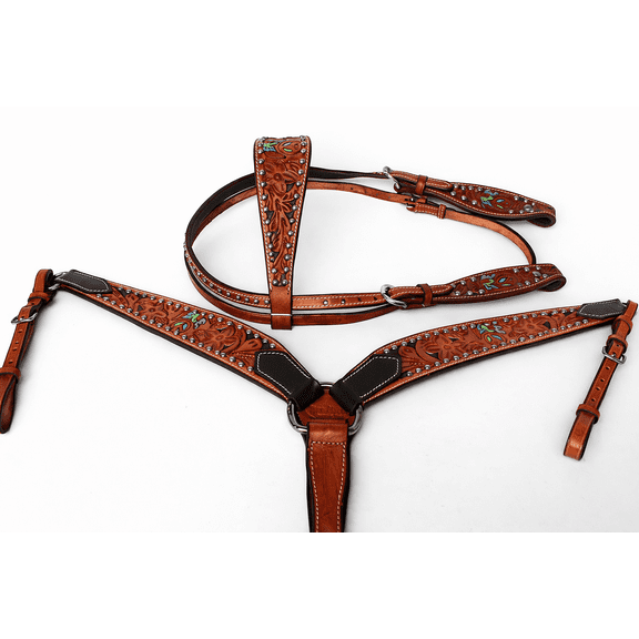 Horse Tack Bridle Western Leather Headstall Breast Collar Brown Turquoise 80153
