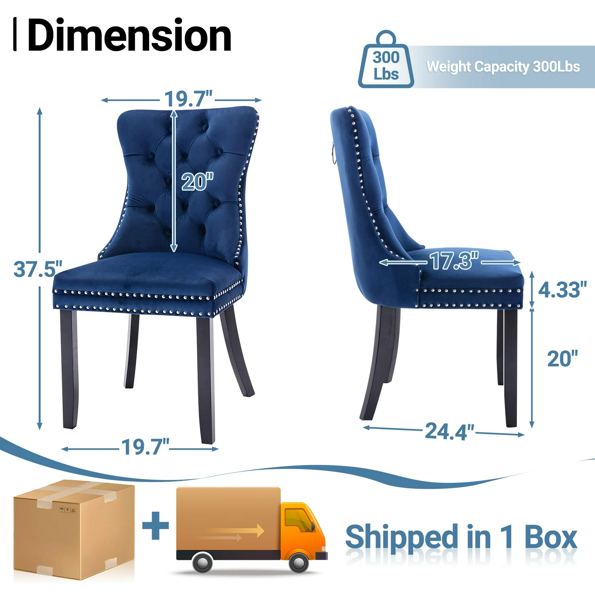 Dining Chairs Set of 2, Upholstered High-End Tufted Dining Room Chair with Back Ring and Nailhead Trim, Modern Velvet Kitchen Chairs with Solid Wood Legs for Kitchen, Home,Blue