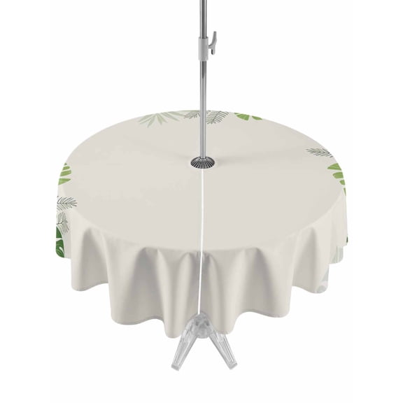 Outdoor Tablecloths with Umbrella Hole & Zipper, Palm Leaves Round Tablecloths 60 Inch, Farmhouse Summer Tropical Leaf Flowers Waterproof Table Cloth, Patio/Pool/Picnic Table Covers