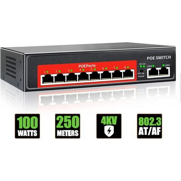 AI PoE Switch (8 POE Ports  2 Uplink), 802.3af/at PoE  100Mbps, 100W Built-in Power, Extend to 250Meter,Unmanaged Metal Plug and Play