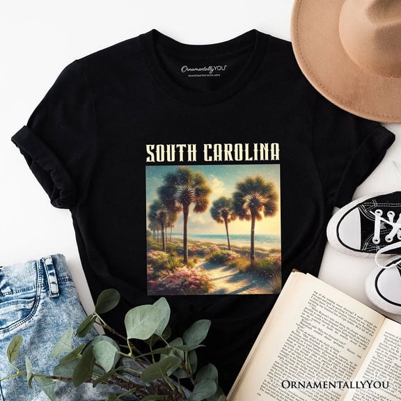 Serene South Carolina State Palmetto Beach Scene T-Shirt, Coastal Tee and Tropical Keepsake Souvenir