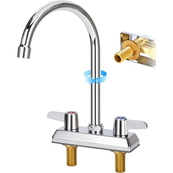 Commercial Bar Sink Faucet,4 Inch Center Deck Mount Utility Sink Faucet, 2 Hole Brass Constructed,Chrome Polished with 6" Gooseneck Spout and 90°Rotatable Dual Lever Handles.