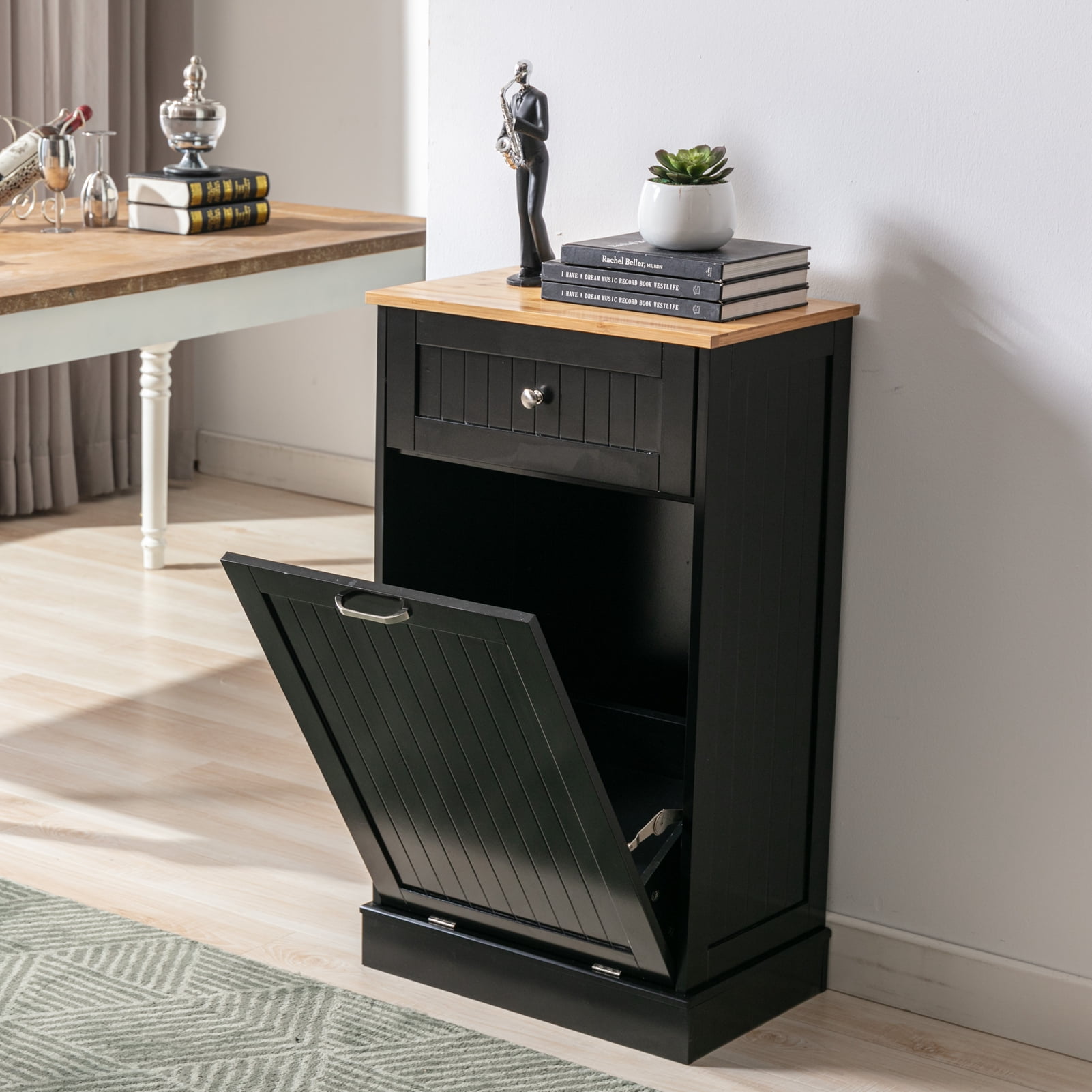 Yaoping Kitchen Trash Cabinet Tilt Out Free Standing Storage Can, Wood Garbage Recycling Station Hideaway Trash Holder Drawers(Black-1)