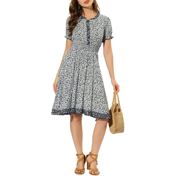 INSPIRE CHIC Women's Floral Sundress Ruffle Neck Smocked Waist Short Sleeve Dress XS White