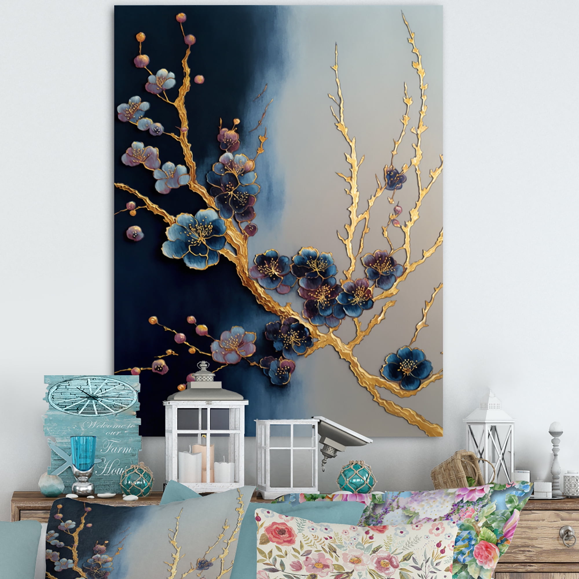 Designart Blue Cherry Blossom Branch II Canvas Wall Art
