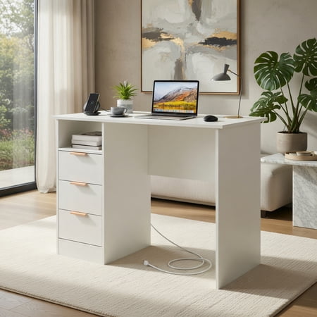 Demi Bonn Home Office Desk with Power Outlet 3 Storage Drawers and Open Compartment, Small Home Computer Desk Study Writing Table, White