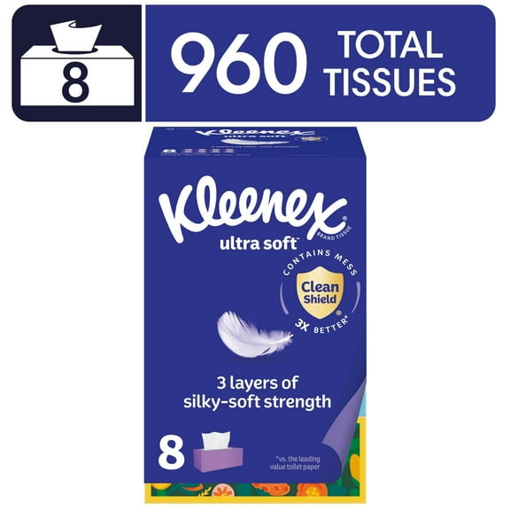 Kleenex Ultra Soft Facial Tissues, 8 Flat Boxes, 120 Tissues per Box, 3-Ply