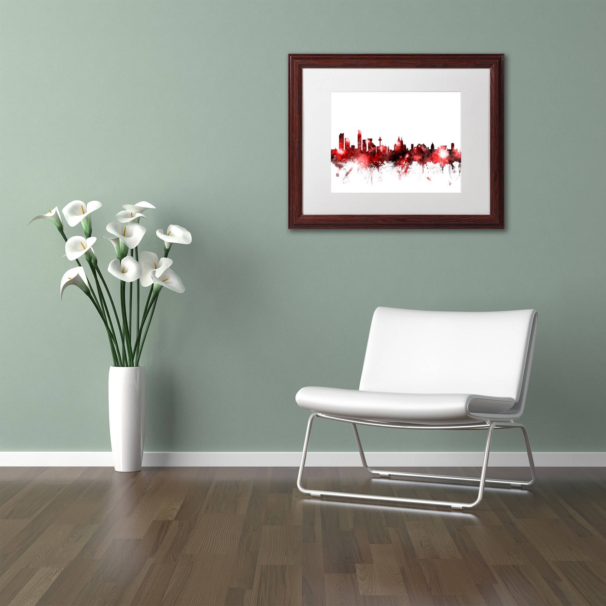 Trademark Fine Art "Liverpool Skyline Red 2" Canvas Art by Michael Tompsett, White Matte, Wood Frame