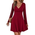 thumbnail image 2 of Womens Fall Long Sleeve Mini Dress Wrap V Neck Flowy Swing A-Line Casual Dressy Business Work Dresses Wine Red XXL, 2 of 8