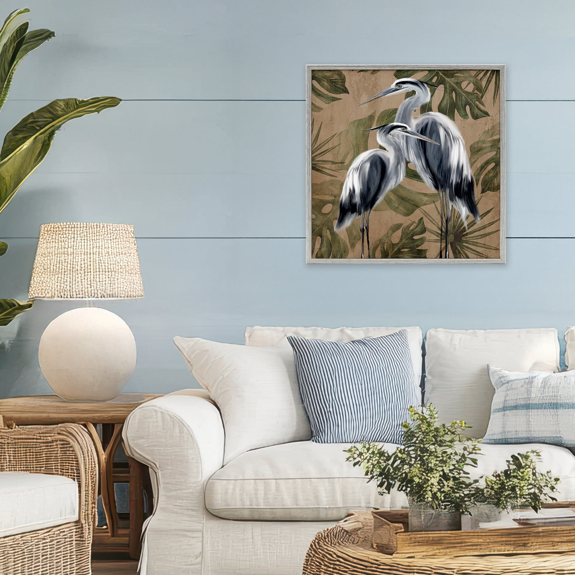 Stupell Industries Two Herons over Tropical Leaves Gray Framed Giclee Art, design by Kim Allen