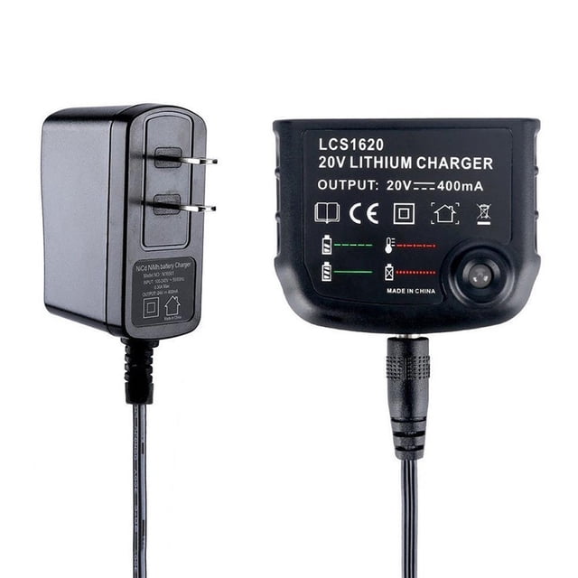 gwong electrónica cargador de batería de litio 20v lcs1620 para todo black & decker lb20 lbx20 lbx4020 — Cargador LCS1620 en plástico negro mostrado de frente y reverso; texto impreso "LCS1620 20V LITHIUM CHARGER OUTPUT: 20V---400mA", indicador LED de estado, conector de cable y clavija tipo EE. UU., diseño compacto y portátil compatible con baterías Black & Decker 20V; suele usarse también para mantener baterías de repuesto almacenadas.