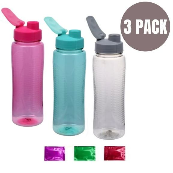 Set of 3 Colorful 24 oz Plastic Water Bottles with Flip-Top Lids, Reusable Sports Tumbler for Travel, Gym, Cycling, Camping, School   Bonus LaPrima Morceau Bonbon