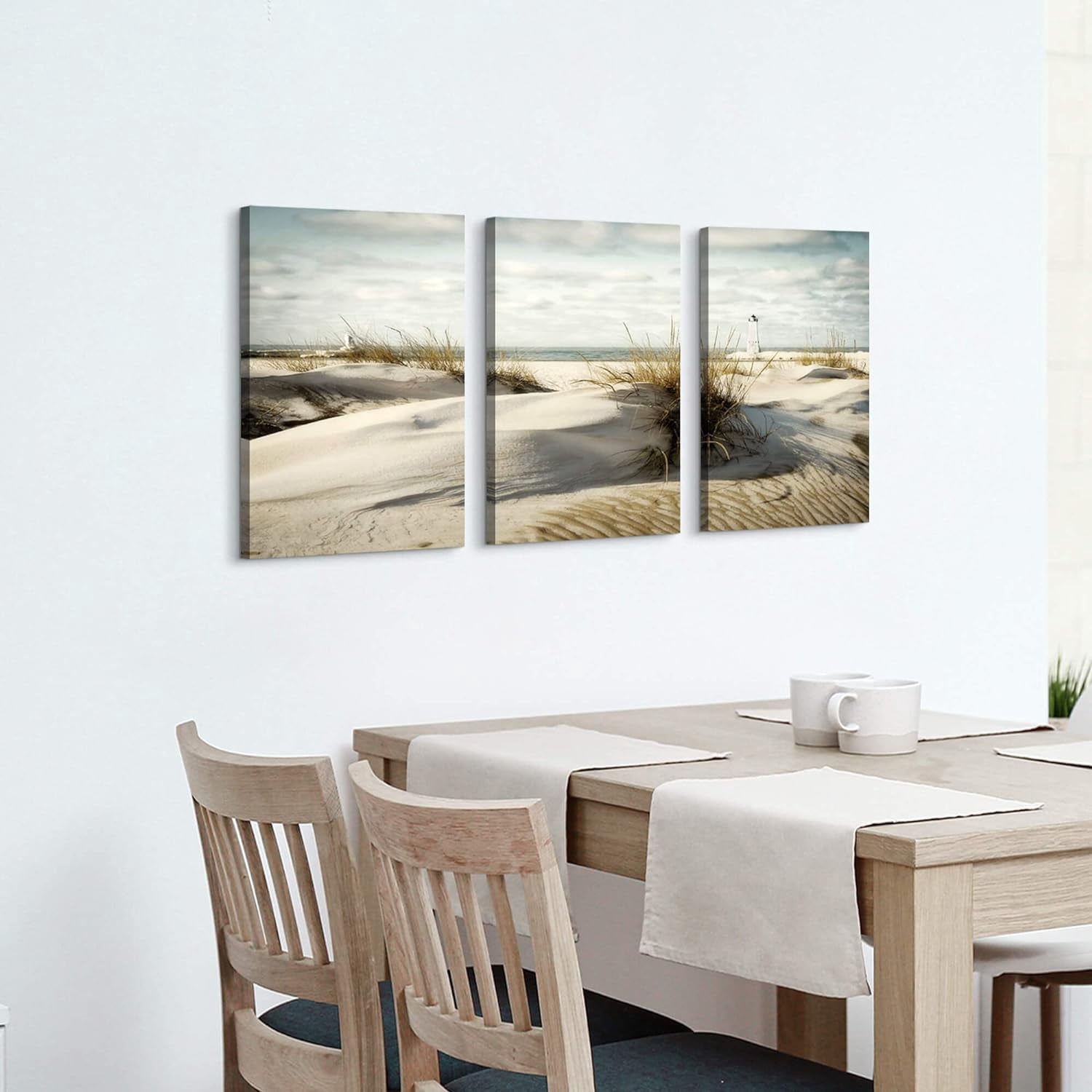 Beach Canvas Wall Art: 3 Panel Coastal Seaside Dune Picture Seascape Seagrass Artwork Lighthouse Painting Print for Bedroom (12x16)