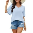 thumbnail image 2 of TIHLMK Shirts for Women Women Summer Solid Color V-Neck Short Sleeve Loose Tops Shirts Blouses Pullovers Blue, 2 of 9