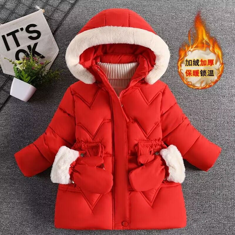 2 8 Years Winter Girls Jacket Fur Collar Removable Hat Plush Lining Heavy Hooded Kids Coat Children Outerwear Send Cloves
