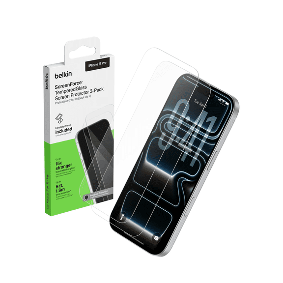 Belkin ScreenForce TemperedGlass Screen Protector for iPhone 17 Pro, Scratch-Resistant Impact Protection w/Included Easy Align Tray for Bubble Free Application, Recycled Glass - 2 Pack