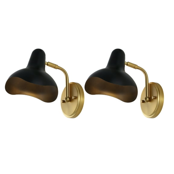 SAFAVIEH Norrix LED Brass Gold Metal Wall Sconce with Black Shade, Set of 2