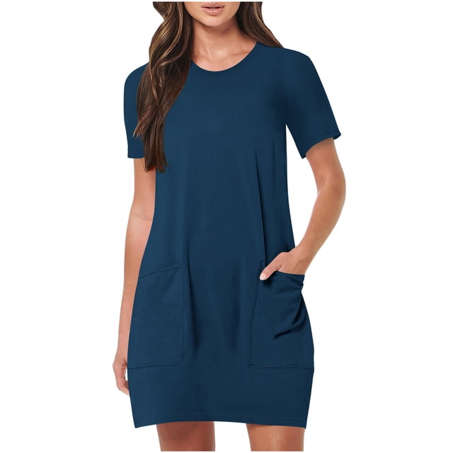Mgmyaa Robe T-Shirt Décontractée pour Femmes avec Poches, Col Rond, Manches Courtes, Mini Robes avec Poches