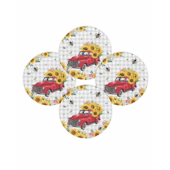 Round Placemats Set of 4 Sunflower Red Truck Place Mats Washable Woven Placemat Farmhouse Bee Grey Plaid Circle Braided Table Mat for Kitchen Dining Table Party Home Decor 15 Inch