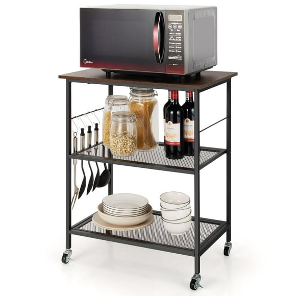 Giantex 3 Tier Kitchen Bake's Rack, Rolling Microwave Cart, Industrial Bar Service Stand w/Hooks, Kitchen Cart on Lockable Universal Wheels