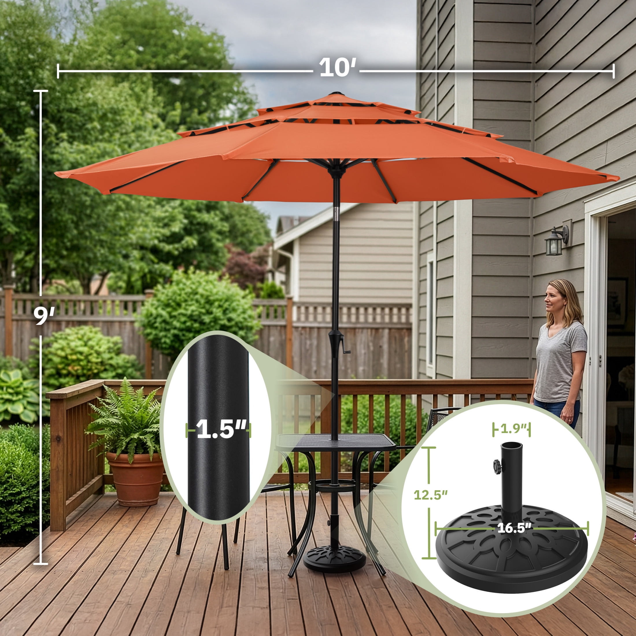 Pure Garden 10ft 3-Tier Umbrella for Patio Shade Canopy with 19lb Base, Orange