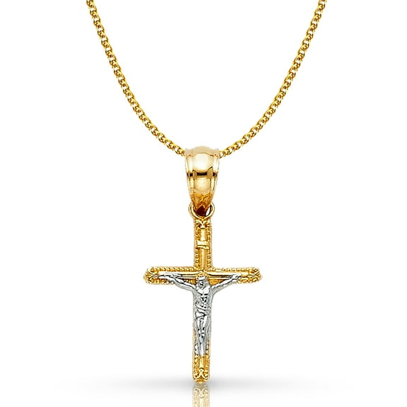 14K Two Tone Gold Jesus Crucifix Cross Pendant with 1.2mm Flat Open Wheat Chain Chain Necklace
