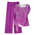thumbnail image 2 of Guieoi Summer Two-Piece Outfit Loose-Fit Print Trousers with Tie-Waist Short-Sleeve Round-Neck Top Casual Matching Set Purple S, 2 of 5