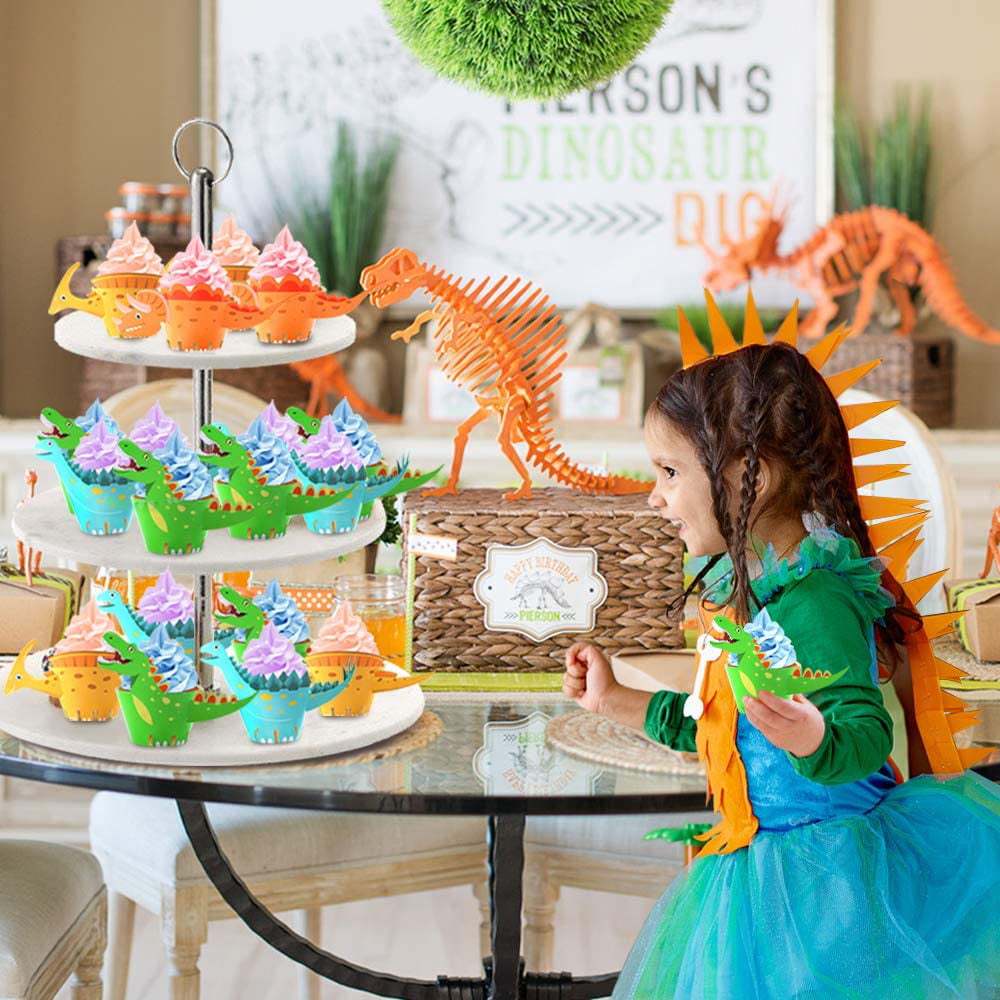 SULOLI 48 Pieces Dinosaur Cupcake Wrappers Toppers Dino Cake Table Decorations Party Supplies for Boys Kids Birthday Party Favors 