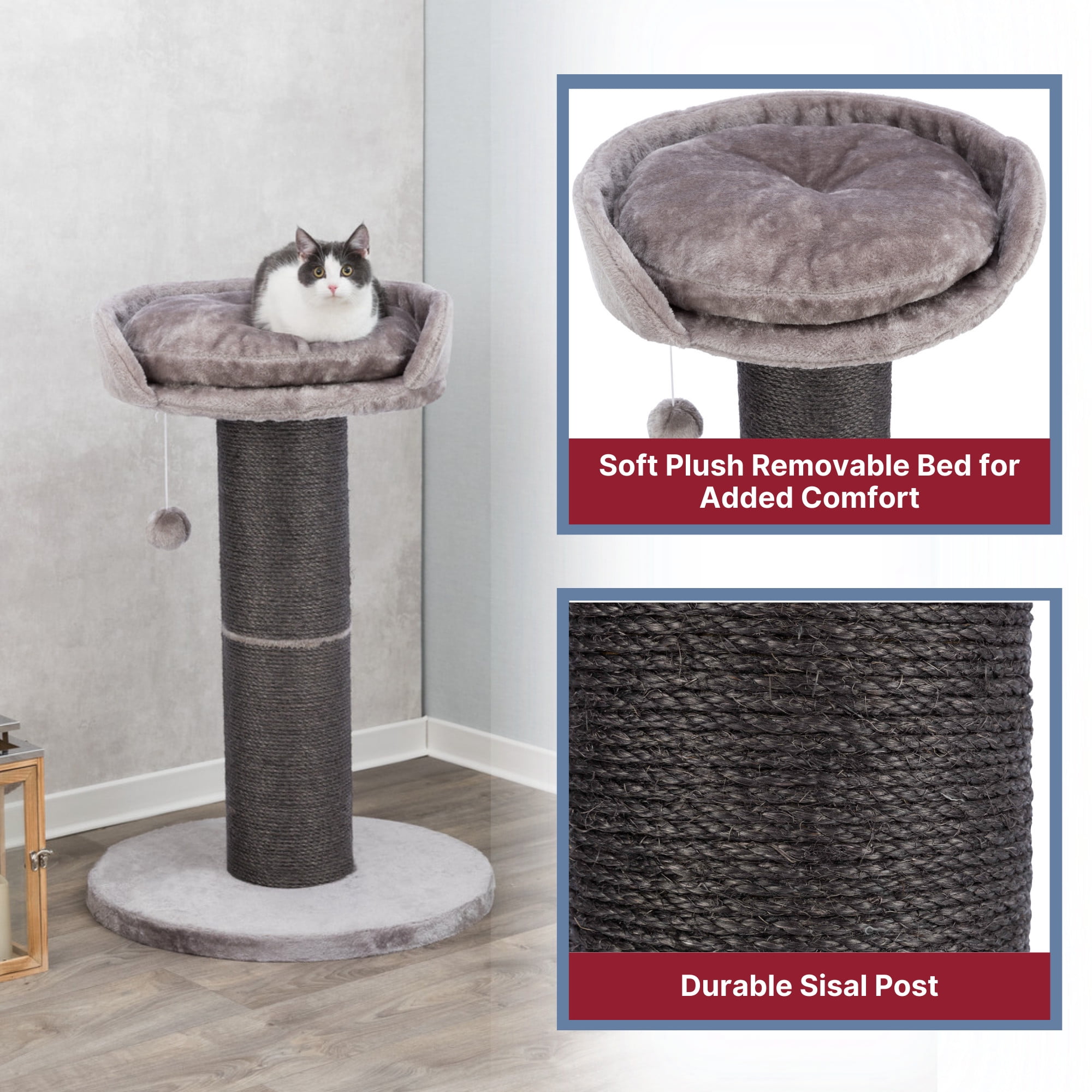 TRIXIE Pepino Sisal 35" Scratching Post with Plush Platform Bed and Dangling Cat Toy, Gray