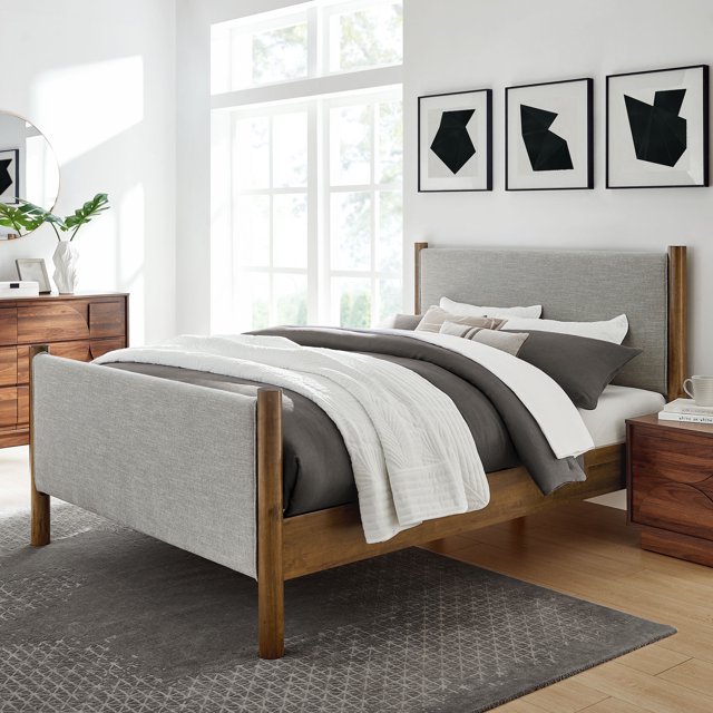 Modway Maven Queen Size Fabric Upholstered Platform Bed in Wheat Walnut