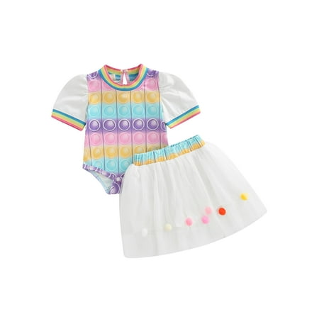 

Inevnen Kids Girl s Sundress Short Skirt Suit Summer Circular Pattern Rainbow Stripes Short Sleeves Romper Jumpsuit Tutu Skirt