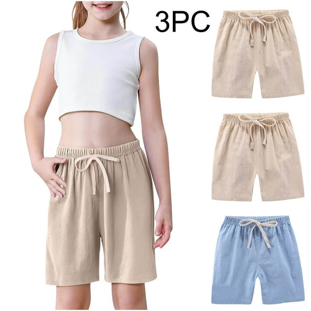 Odeerbi 2-10 Años Niños Niñas 3 Pcs Verano Algodón Lino Pantalones Cortos Entrenamiento Deportivos Cortos Lindo Color Sólido Pantalones Cortos Suaves Respirables