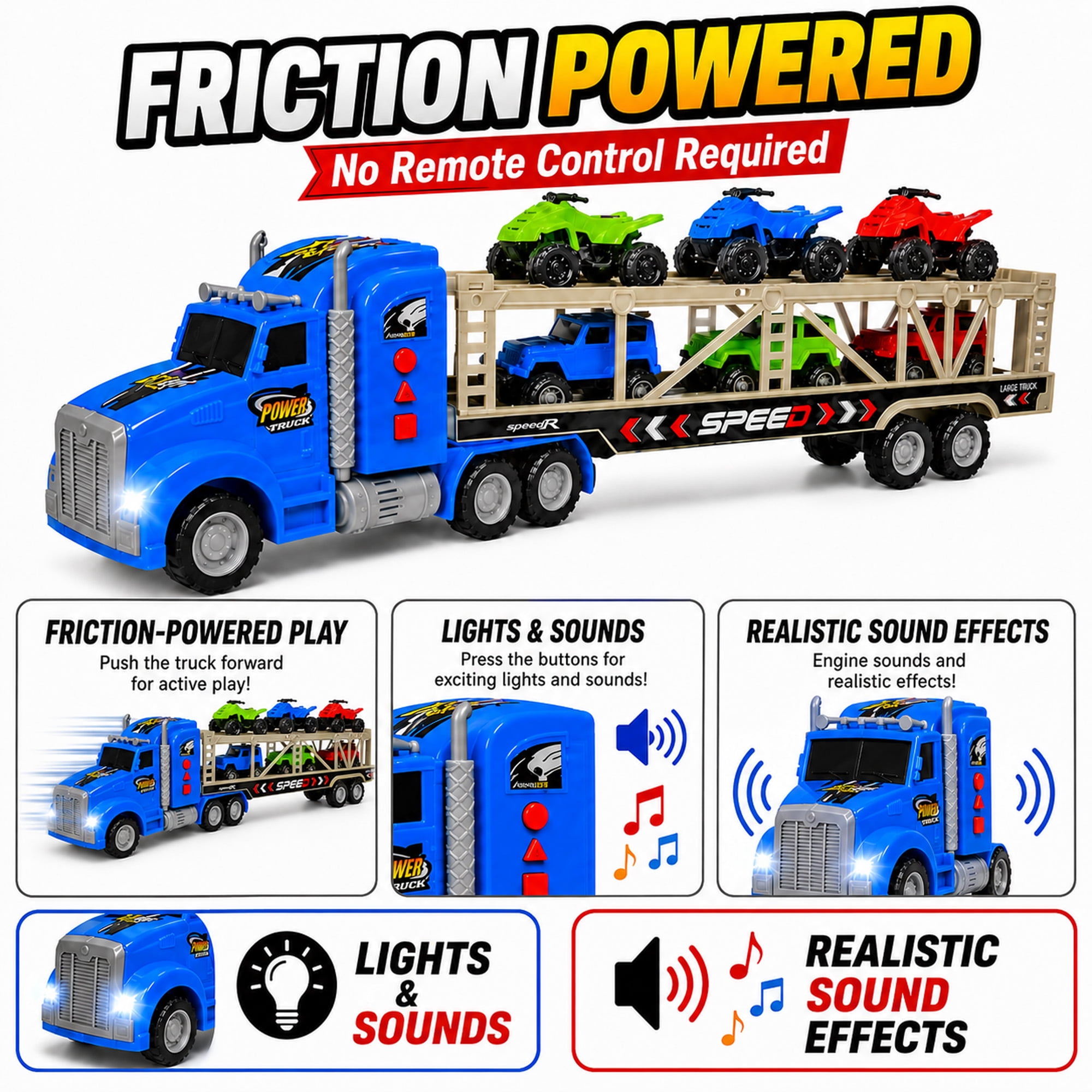 23-Inch Friction-Powered Car Carrier Truck Toy with 6 Mini Vehicles, Lights and Sounds, Detachable Trailer and Opening Rear Door