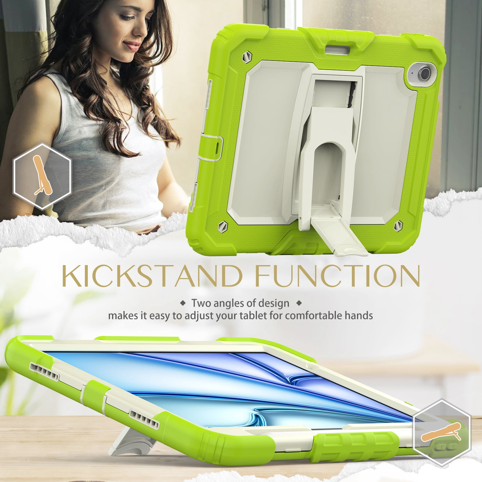 Dteck Built-in Screen Protector Case for iPad Air 11 inch 2025/2024 ,Heavy Duty Silicone Case Foldable Stand Cover Built-in Pencil Holder with Shoulder Strap for iPad Air 11-in. M3/M2,Green