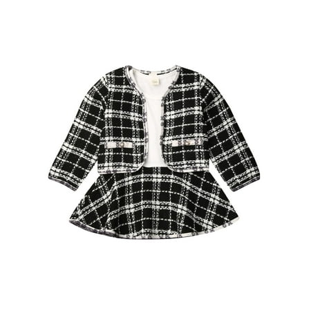 

Canrulo 2Pcs Toddler Baby Girls Winter Clothes Plaid Coat Tops+Tutu Dress Formal Outfits Black 6-12 Months