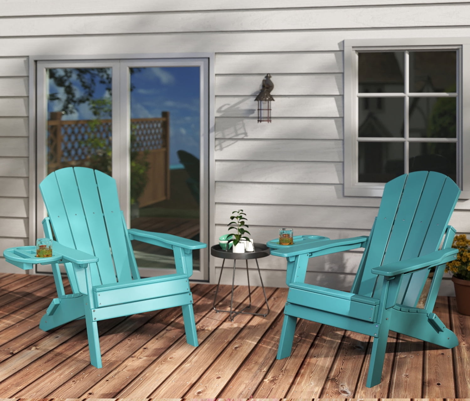 FOOWIN Adjustable Backrest Folding Adirondack Chair Set of 2, HDPE Weather Resistant Adirondack Chair with Cup Holder, Fire Pit Chair, Lake Blue