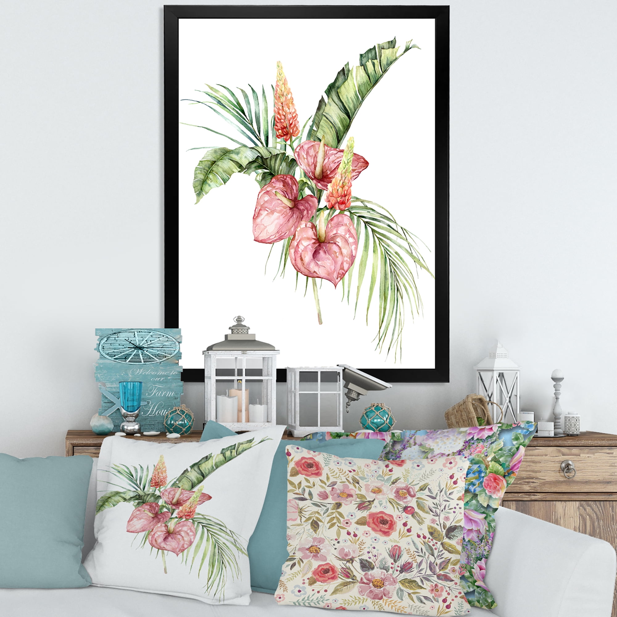 Designart 'Tropical Bouquet With Anthurium Lupine and Leaves On White II' Traditional Framed Art Print