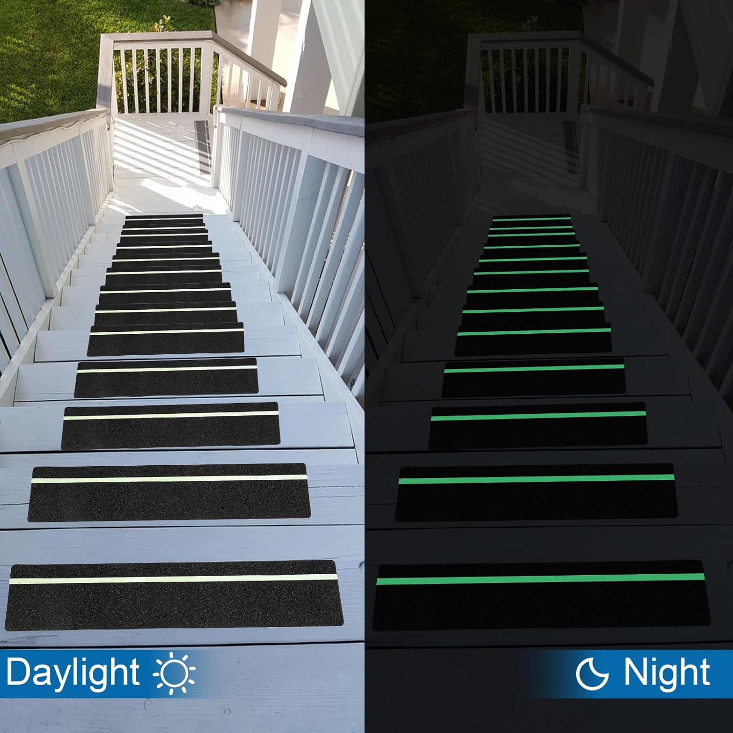 10 Pack Anti Slip Traction Treads with Glow in The Dark Stripe 30" x 6" Waterproof Outdoor/Indoor Stair Step Non Slip High Friction Grip Tape for Wooden Steps, Concrete Stairs, Decks