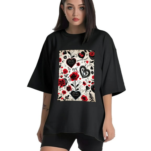 Plus Size Shirt for Women Black Tops for Women Short Sleeves Shirt for Women Valentine's Day T Shirt Crewneck Shirt for Women XS