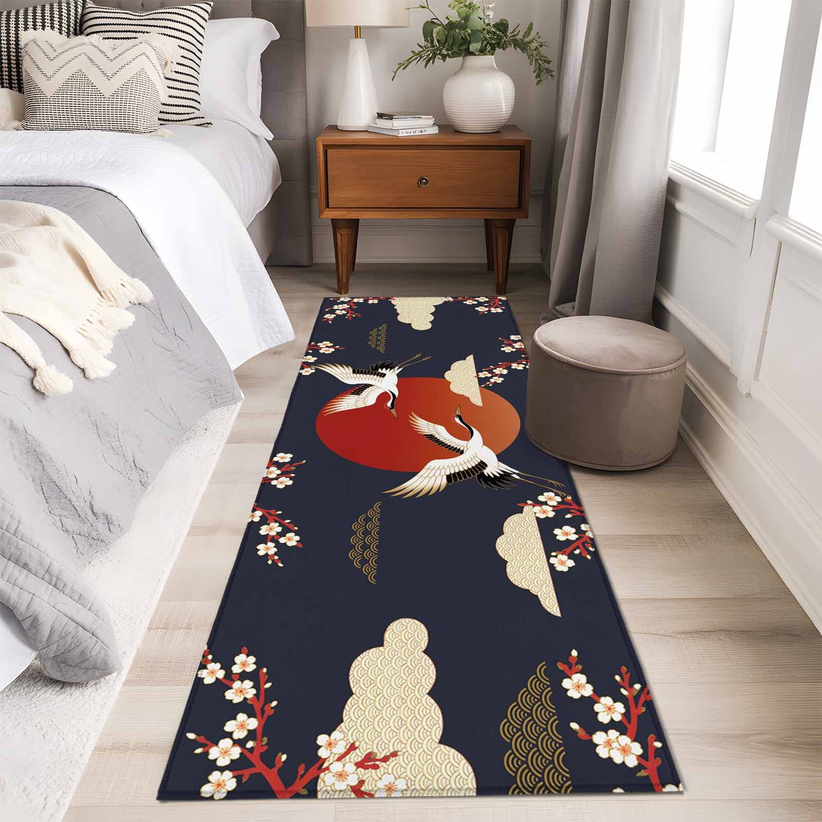 Japanese Style Area Rugs Collection 2'x6', Modern Cranes Cherry Flower Wave Red Blue Non Slip Indoor Rectangle Throw Runner Rug Floor Mat Carpet for Living Room Dining Table Bedroom Nursery