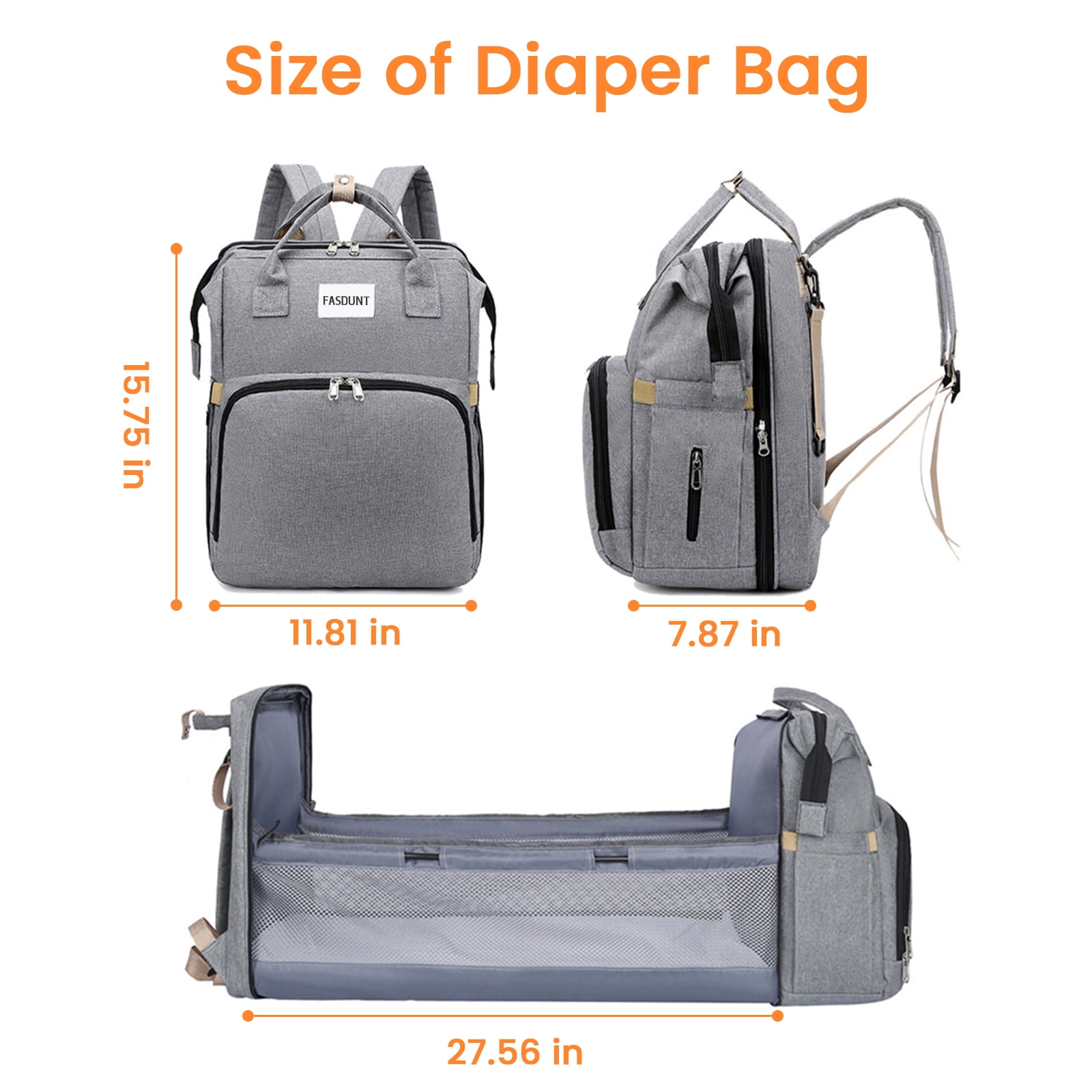 Diaper Bag Backpack with Changing Station, Baby Diaper Bag Backpack with Portable Crib, Large Capacity Diaper Backpack with Insulated Bottle Pockets & Stroller Straps for Mom Dad, Gray