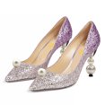 thumbnail image 2 of FSJ Women Classic Studded Pearls High Heel Pumps Pointy Close Toe Slip On Ladies Office Party Dress Pump Slide Shoes Size 7.5 Purple Glitter, 2 of 4