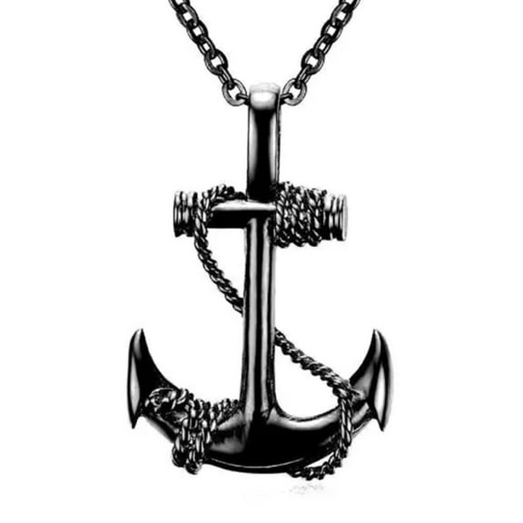 K-KED Stainless Steel Sea Anchor Pendant with 24" Chain Necklace-Black