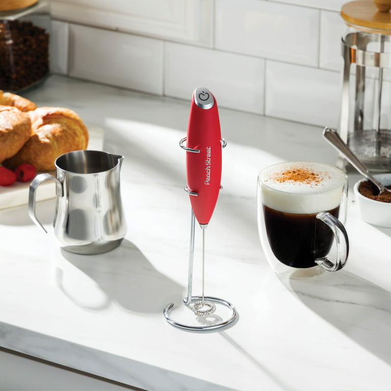 Milk Frother White - Coffee Frother Handheld with Electric Whisk - 19000  rpm - Book Recipes and Stainless Steel Stand Included - Hand Mixer Electric
