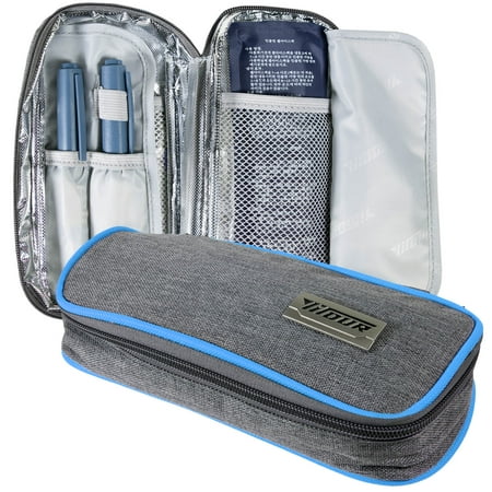 CoreLife Insulin Cooler Travel Case, Diabetic Medication Holder Bag and Organizer Kit with 2 Non-Sweat Ice Packs and Insulated Liner (Gray - Blue