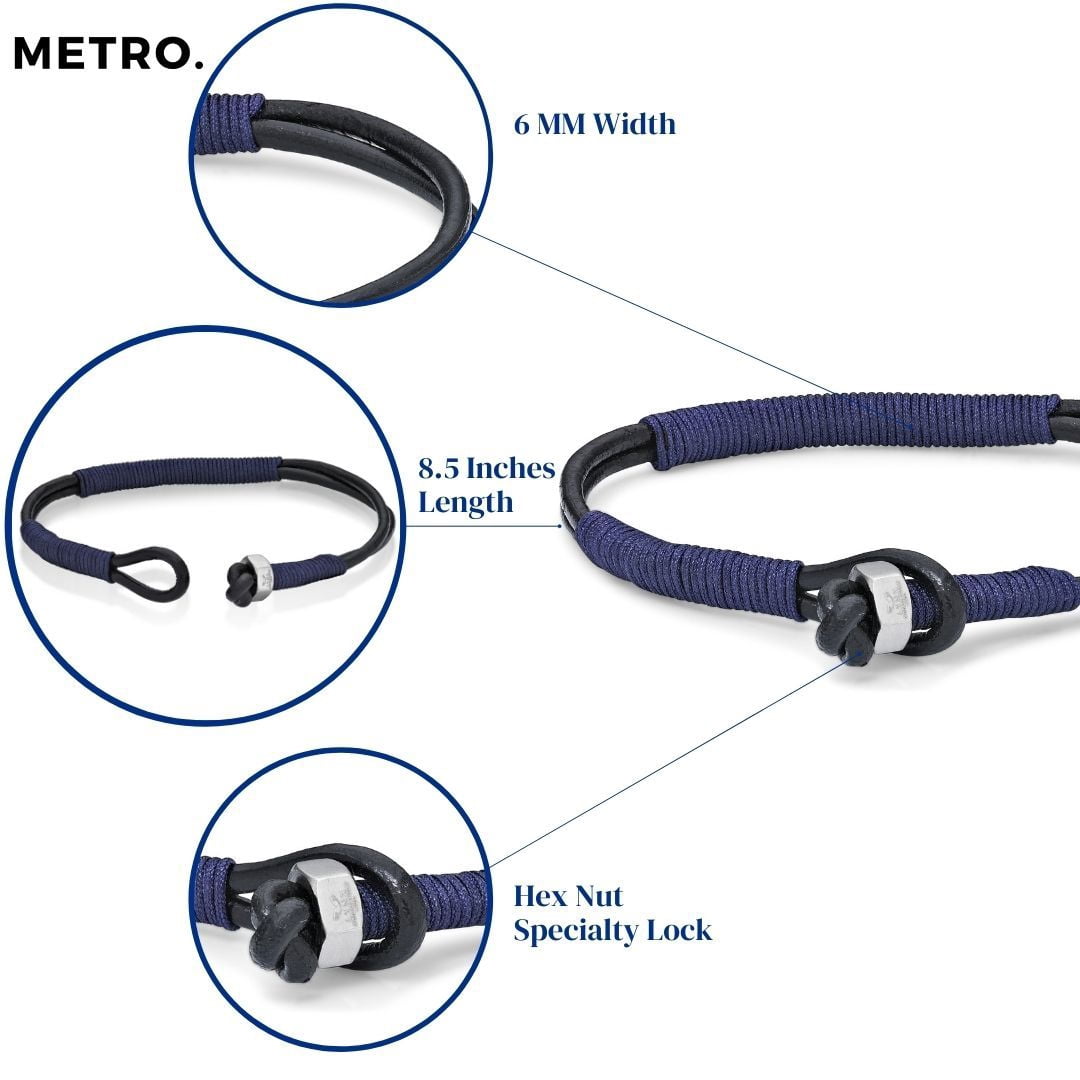 Metro Jewelry 8.5 Inches Long Blue Cord Wrapped Bracelet for Men with Thin Smooth Dual Band Genuine Leather 6 mm Wide Specialty Lock