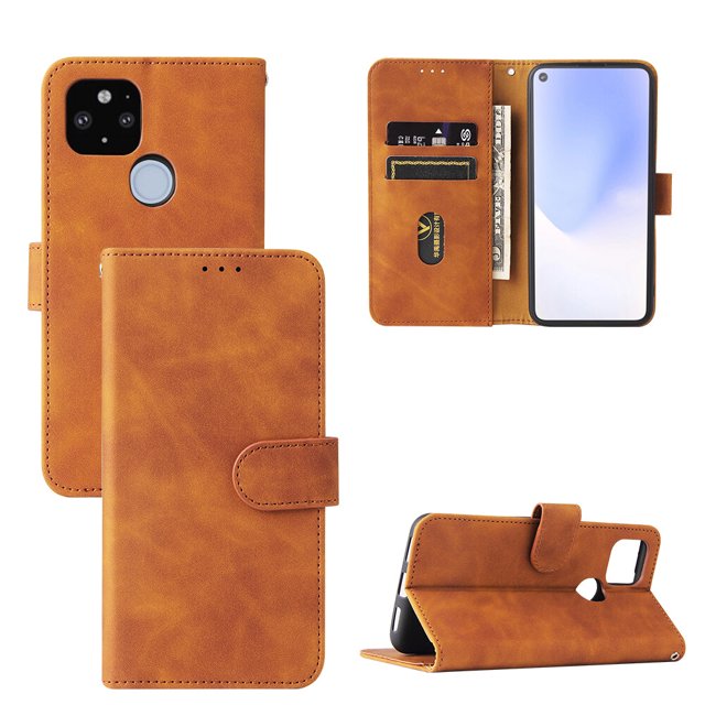 For Google Pixel 5A 5G PU Leather Flip Case Card Slots Holder Kickstand Book Folding Folio Cover-Brown