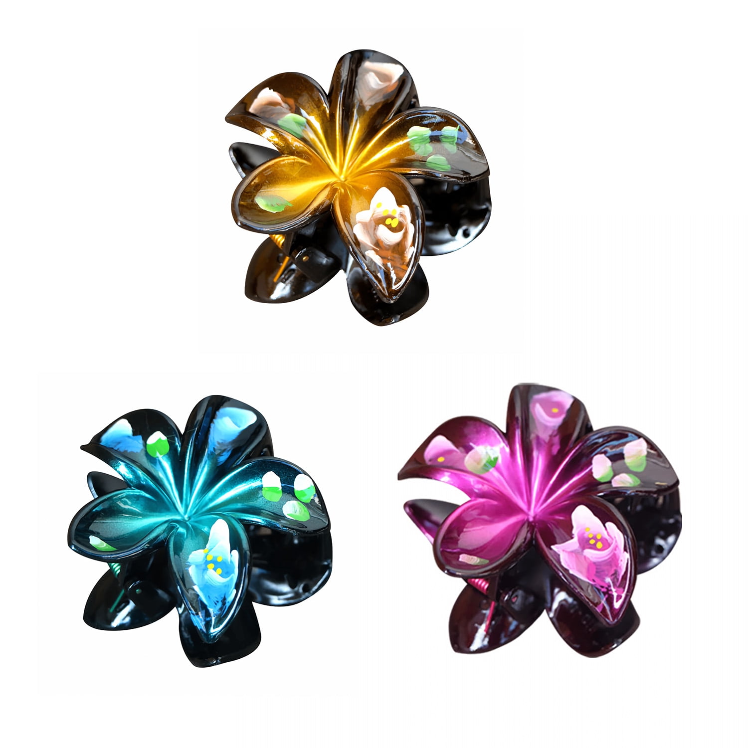 Island Reflections Plastic Hair Clip Plumeria Metallic Blue