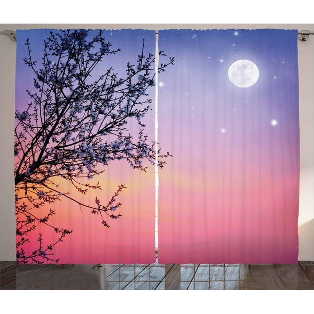 Night Curtains 2 Panels Set, Dreamlike Ethereal Sky with Moon Stars and ...